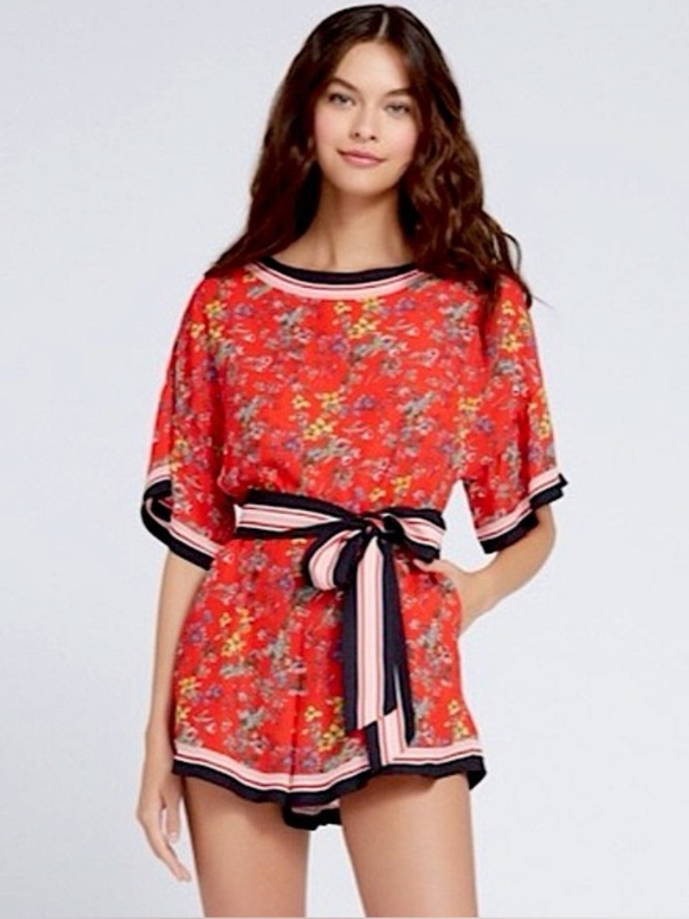 ALICE + OLIVIA Bowie Belted Romper Orange Red Striped Trim Short Sleeve Size 8